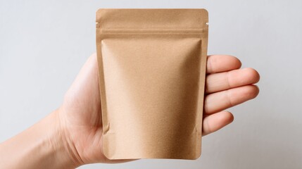 Obraz premium A hand holds a kraft paper stand-up pouch, showcasing its size and texture against a neutral background