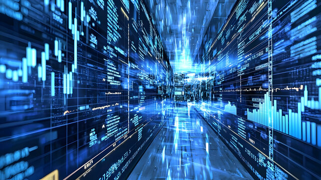 Digital data tunnel,  with  financial charts and  code on  screens,  creating  a  fast-moving,  futuristic  corridor