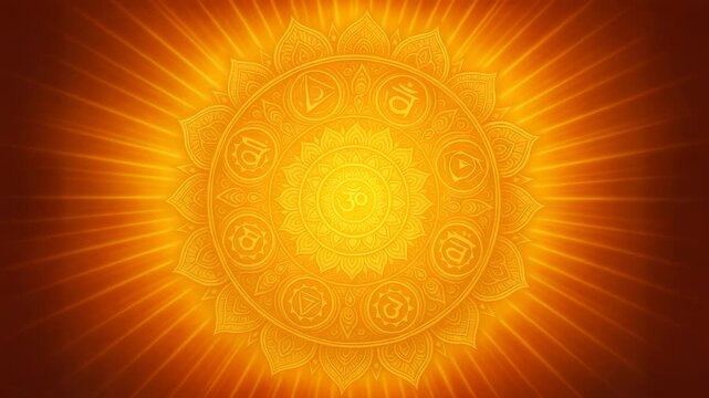 A radiant mandala design featuring chakras and the Om symbol, set against a glowing orange background.