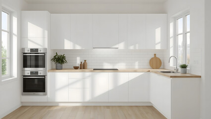 Bright, modern white kitchen with wooden countertop and sunlight streaming in.