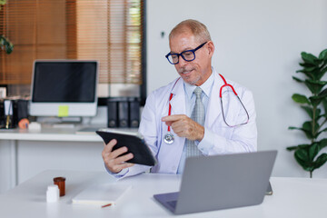 Clinic, doctor and portrait of man with tablet and stethoscope for medical wellness, support and...