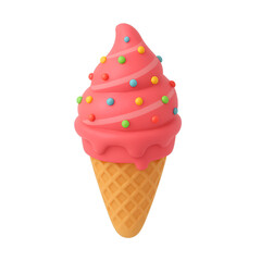 Pink ice cream cone with colorful sprinkles in cute 3D isometric style, isolated on white. Perfect for kids, dessert, summer, UI design, and sweet food illustrations.