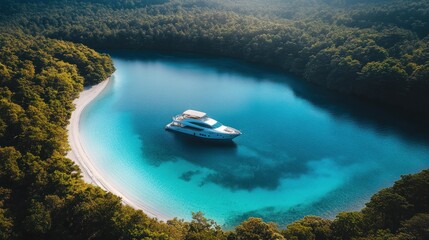 Naklejka premium Luxurious yacht in a pristine bay, surrounded by lush greenery