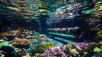 Underwater exploration device navigating vibrant coral reef.  Displays multiple images