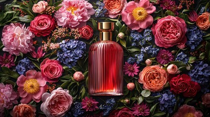 Floral perfume bottle, surrounded by a profusion of vibrant flowers