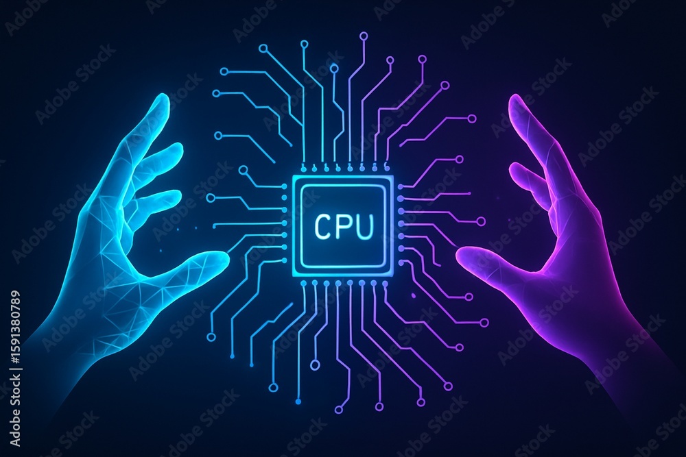 Poster connection to the central processor. polygonal design of interconnected lines and points. blue backg