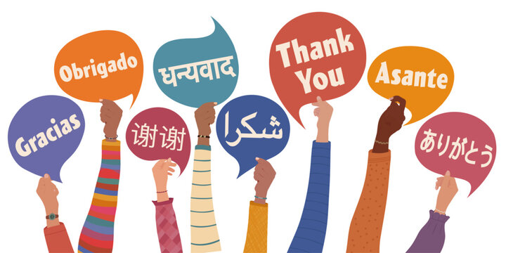 Raised hands of multicultural people from different nations holding speech bubbles with text THANK YOU in various international languages