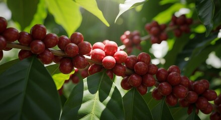 ripe red coffee cherries on the tree