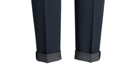 Dark navy trousers with light gray cuffs.