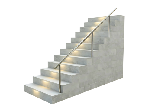 Modern concrete staircase leading upwards against a white background