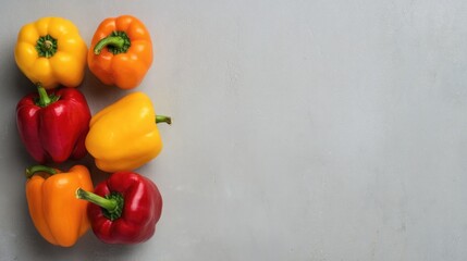 Colorful bell peppers arranged on a grey surface