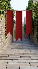 Charming alleyway adorned with red banners and greenery.