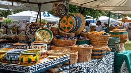 Artisan market display of woven baskets, pottery, and fruits