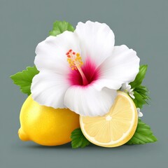 White hibiscus flower and whole and sliced lemons with green leaves citrus