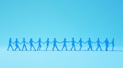 Paper figures holding hands, walking in a line against a light blue background.