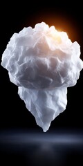 Floating white abstract cloud shape with textured surface illuminated by warm light against dark background
