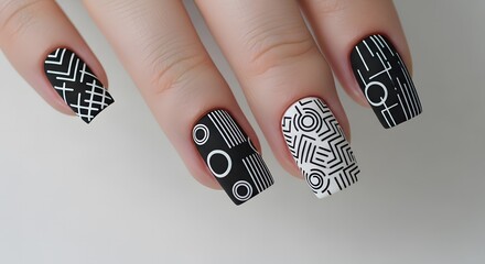A detailed close-up of a modern manicure featuring intricate white geometric patterns on a matte black nail polish, a form of artistic expression.