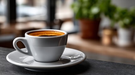 White coffee cup with a brown liquid in it sits on a white saucer. The cup is placed on a wooden table in a cafe
