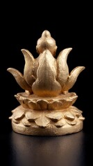 Golden statue of Buddha meditating on a lotus flower viewed from the back against a black background
