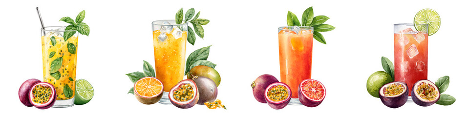Fototapeta premium Refreshing Tropical Drinks with Passion Fruit and Lime