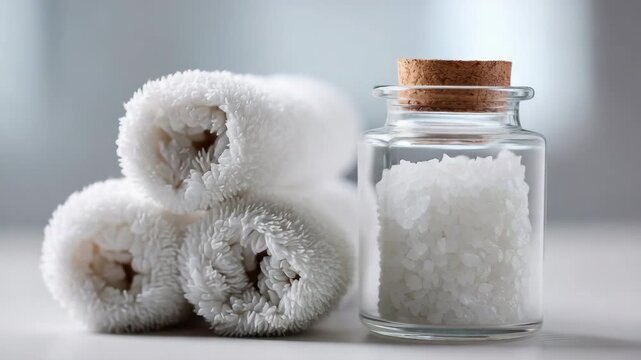 White towel roll with bath salt jar and cork lid for spa relaxation