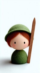 Whimsical cartoon character in green outfit holding wooden stick simple illustration