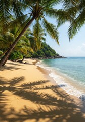 Obraz premium Tropical paradise beach with palm trees, turquoise ocean, and sunny sky perfect for a summer vacation, turquoise ocean, and sunny sky perfect for a summer vacation