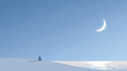 A serene figure meditates on a snow-covered dune, gazing at a crescent moon and scattered stars in a pale blue twilight sky above a calm, reflective sea