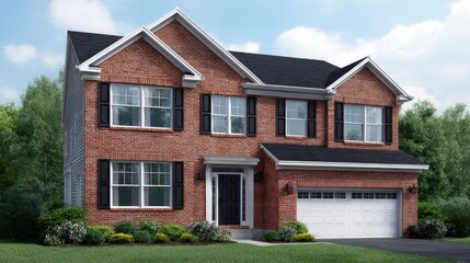 A two story red brick home with black shutters a white garage door and a manicured lawn under a cloudy sky