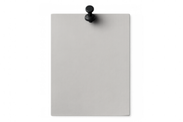 Blank vertical paper sheet pinned with black pushpin, ready for design mockup against transparent backdrop