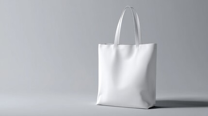 Plain white tote bag with fabric handles, isolated on light grey background