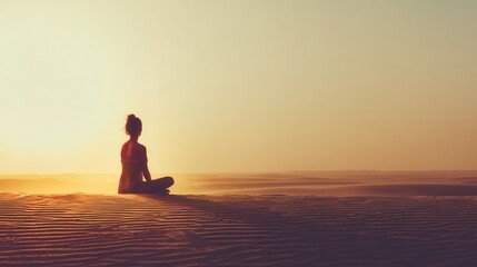 Fototapeta premium Silhouette of a person meditating on a sandy dune at sunrise.