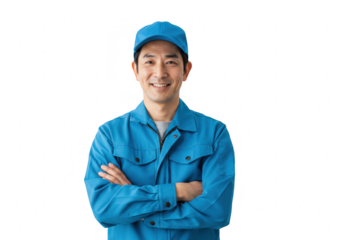 A smiling japanese man in a blue uniform and cap stands with his arms crossed, isolated on a transparent background