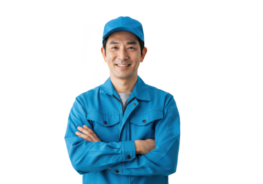 A smiling japanese man in a blue uniform and cap stands with his arms crossed, isolated on a transparent background