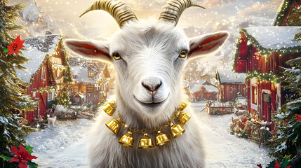 Festive white goat with golden bells in a snowy village scene.  A smiling goat, adorned with a golden bell collar, gazes directly at the viewer.  Snowy village backdrop with Christmas decorations