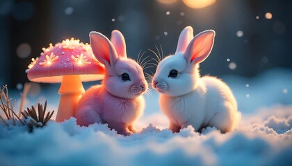 Whimsical Winter Rabbits – Pink & White Bunnies Beside Magical Mushroom

Enchanted Snow Bunnies – Soft-Hued Rabbits with Sparkling Toadstool Glow

Fairy Tale Rabbits in Snow – Pink and White Pair with