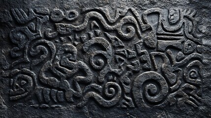 Abstract rock glyphs pulsing with evolution theme on black slate canvas