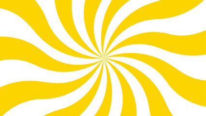 Abstract energetic spiral burst design with alternating curved yellow and white wave. Smooth, twisting shapes with dynamic pinwheel effect, emphasizing motion and rotation. Retro, pop, promotional