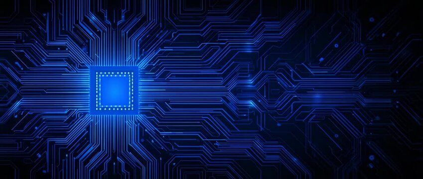 Growing electrical high-tech circuit board in blue abstract, technology background 