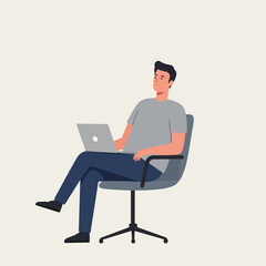 Relaxed Man Working on Laptop in Office Chair