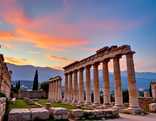 Obraz premium Ancient Architecture Sunset with Doric Columns