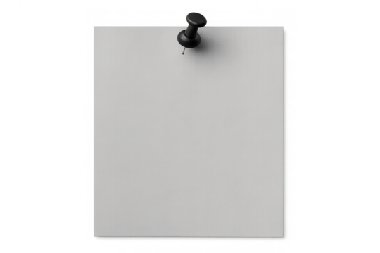 White note paper secured by black push pin, displaying clean minimalist design for messaging and planning purposes against transparent backdrop