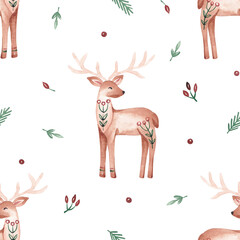 Folk Christmas deers background. Watercolor hand painted seamless pattern for textile, fabric, packaging. Simple Nordic design