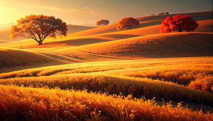 Golden sunrise over rolling hills with colorful trees nature landscape photography tranquil environment aerial view scenic beauty