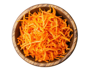 A wooden bowl filled with freshly grated carrots, isolated on transparent background, showcasing their vibrant orange color and healthy appeal