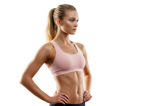 A fit woman with a ponytail in a pink sports bra, looking to the side with hands on hips, isolated on a transparent background