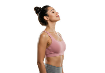 A fit woman in a pink sports bra and grey leggings takes a moment to breathe deeply, isolated on a transparent background