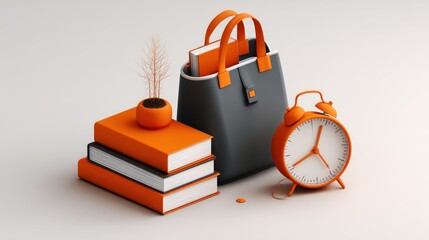 Stylish tote bag with books, alarm clock, and plant