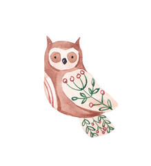 Folk ornate owl illustration. Watercolor hand painted forest bird for card, logo, invitation. Simple Nordic design