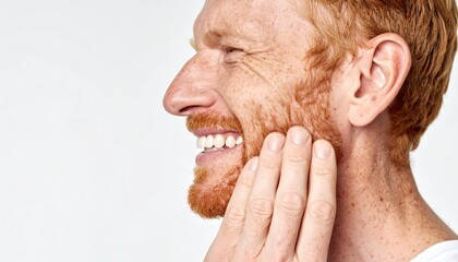 Fototapeta premium Happy redhead man smiling profile close up healthy skin.